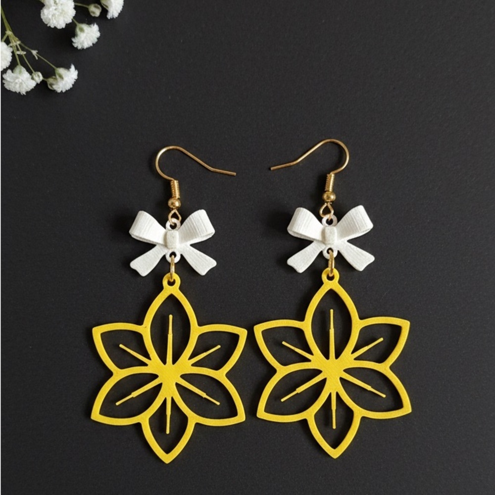 Yellow Floral Earrings with White Bow Accents - Picture 1 of 6